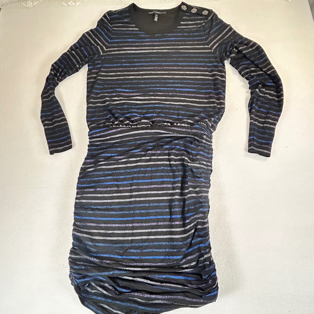 White House Black Market Metallic Striped Ruched Dress Blue Black Silver Mens M‎